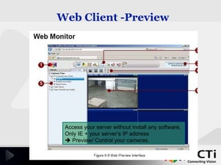 Web Client -Preview   Access your server without install any software,  Only IE + your server’s IP address     Preview/ Control your cameras.  