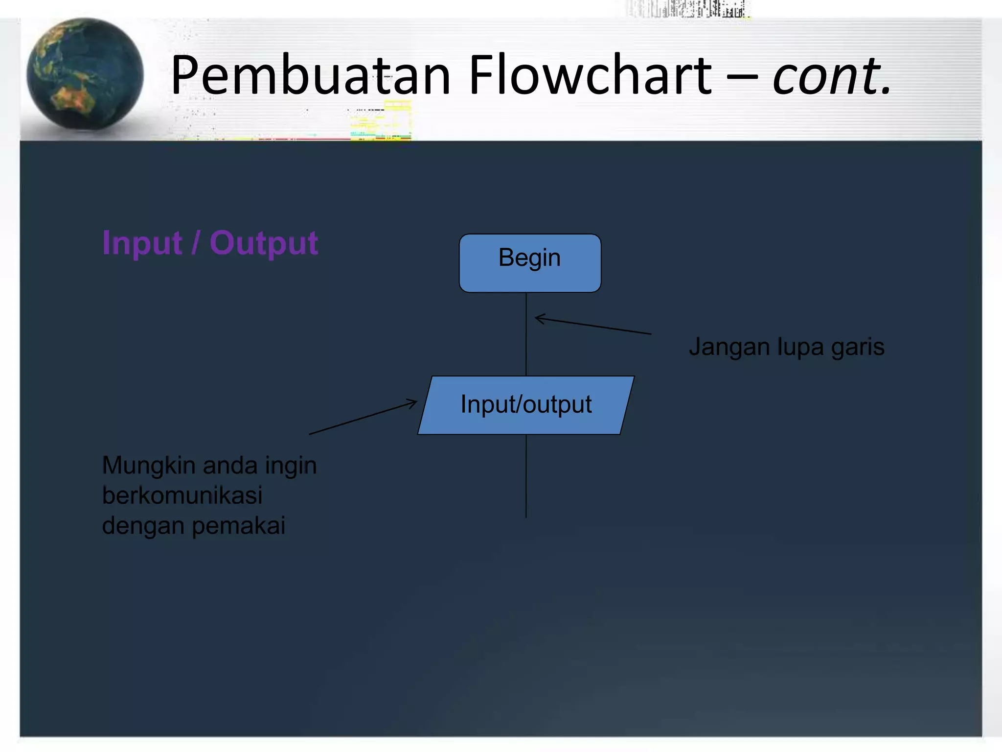 Pembuatan Flowchart – cont.
Begin
Jangan lupa garis
Input/output
Mungkin anda ingin
berkomunikasi
dengan pemakai
Input / Output
 