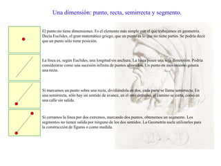 Una dimensión: punto, recta, semirrecta y segmento.
El punto no tiene dimensiones. Es el elemento más simple con el que trabajamos en geometría.
Decía Euclides, el gran matemático griego, que un punto es lo que no tiene partes. Se podría decir
que un punto sólo tiene posición.
La línea es, según Euclides, una longitud sin anchura. La línea posee una sola dimensión. Podría
considerarse como una sucesión infinita de puntos alineados. Un punto en movimiento genera
una recta.
Si marcamos un punto sobre una recta, dividiéndola en dos, cada parte se llama semirrecta. En
una semirrecta, sólo hay un sentido de avance, en el otro extremo, el camino se corta, como en
una calle sin salida.
Si cerramos la línea por dos extremos, marcando dos puntos, obtenemos un segmento. Los
segmentos no tienen salida por ninguno de los dos sentidos. La Geometría suele utilizarlos para
la construcción de figuras o como medida.
 