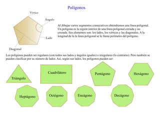 Al dibujar varios segmentos consecutivos obtendremos una línea poligonal.
Un polígono es la región interior de una línea poligonal cerrada y no
cruzada. Sus elementos son: los lados, los vértices y las diagonales. A la
longitud de la la línea poligonal se le llama perímetro del polígono.
Polígonos
Los polígonos pueden ser regulares (con todos sus lados y ángulos iguales) o irregulares (lo contrario). Pero también se
pueden clasificar por su número de lados. Así, según sus lados, los polígonos pueden ser:
Triángulo
Cuadrilátero Pentágono Hexágono
Heptágono Octógono Eneágono Decágono
 