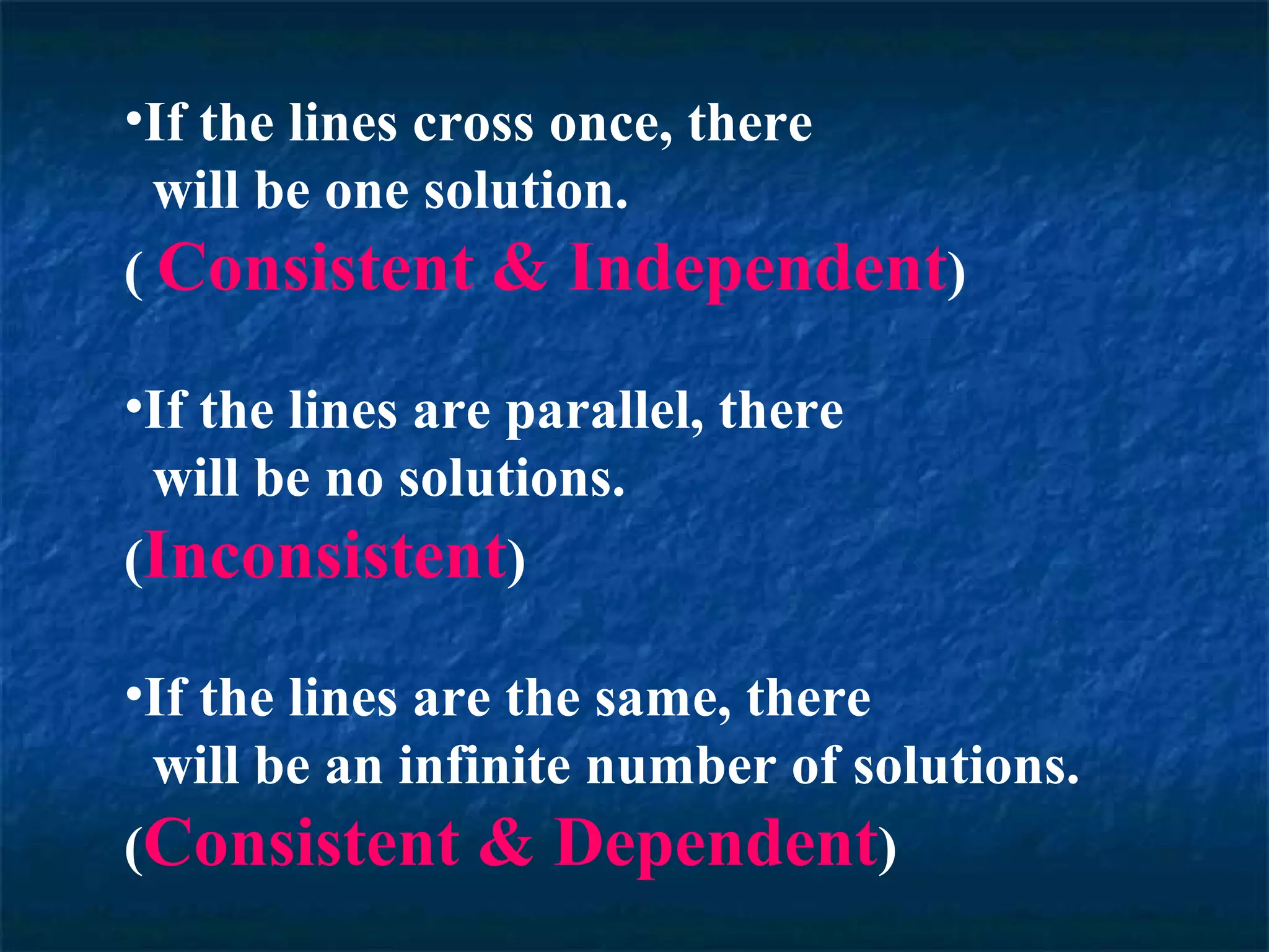 •If the lines cross once, there
will be one solution.
( Consistent & Independent)
•If the lines are parallel, there
will be no solutions.
(Inconsistent)
•If the lines are the same, there
will be an infinite number of solutions.
(Consistent & Dependent)