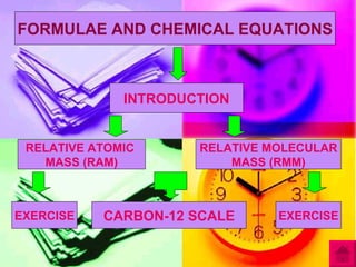 FORMULAE AND CHEMICAL EQUATIONS



              INTRODUCTION


 RELATIVE ATOMIC      RELATIVE MOLECULAR
   MASS (RAM)             MASS (RMM)



EXERCISE   CARBON-12 SCALE      EXERCISE
 
