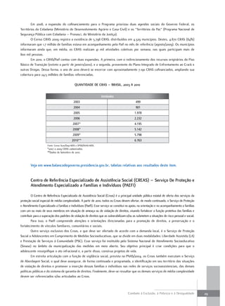 Em 2008, a expansão do cofinanciamento para o Programa priorizou duas agendas sociais do Governo Federal, os
Territórios da Cidadania (Ministério do Desenvolvimento Agrário e Casa Civil) e os “Territórios da Paz” (Programa Nacional de
Segurança Pública com Cidadania – Pronasci, do Ministério da Justiça).
        O Censo CRAS 2009 registra a existência de 5.798 CRAS, distribuídos em 4.329 municípios. Destes, 4.870 CRAS (84%)
informaram que 1,7 milhão de famílias estava em acompanhamento pelo Paif no mês de referência (agosto/2009). Os municípios
informaram ainda que, em média, os CRAS realizam 41 mil atividades coletivas por semana, nas quais participam mais de
800 mil pessoas.
        Em 2010, o CRAS/Paif contou com duas expansões. A primeira, com o redirecionamento dos recursos originários do Piso
Básico de Transição (extinto a partir de janeiro/2010), e a segunda, proveniente do Plano Integrado de Enfrentamento ao Crack e
outras Drogas. Dessa forma, o ano de 2010 deverá se encerrar com aproximadamente 7.190 CRAS cofinanciados, ampliando sua
cobertura para 24,5 milhões de famílias referenciadas.

                                              QuantiDaDe De Cras – brasil, 2003 a 2010


                                                                   Unidades
                                            2003                                             499
                                            2004                                             901
                                            2005                                            1.978
                                            2006                                            2.232
                                            2007*                                           4.195
                                            2008*                                           5.142
                                            2009*                                           5.798
                                           2010**                                           6.763
                     Fonte: Censo Suas/Sagi-MDS e DPSB/SNAS-MDS.
                     *2007 a 2009 CRAS cadastrados.
                     **Dados de Setembro de 2010.



        Veja em www.balancodegoverno.presidencia.gov.br, tabelas relativas aos resultados deste item.


        Centro de referência especializado de assistência social (Creas) – serviço De Proteção e
        atendimento especializado a Famílias e indivíduos (PaeFi)

        O Centro de Referência Especializada de Assistência Social (Creas) é a principal unidade pública estatal de oferta dos serviços da
proteção social especial de média complexidade. A partir de 2010, todos os Creas devem ofertar, de modo continuado, o Serviço de Proteção
e Atendimento Especializado a Famílias e Indivíduos (Paefi). Esse serviço se constitui no apoio, na orientação e no acompanhamento a famílias
com um ou mais de seus membros em situação de ameaça ou de violação de direitos, visando fortalecer a função protetiva das famílias e
contribuir para a superação dos padrões de violação de direitos que as vulnerabilizam e/ou as submetem a situações de risco pessoal e social.
        Para isso, o Paefi compreende atenções e orientações direcionadas para a promoção de direitos, a preservação e o
fortalecimento de vínculos familiares, comunitários e sociais.
        Outro serviço exclusivo dos Creas, e que deve ser ofertado de acordo com a demanda local, é o Serviço de Proteção
Social a Adolescentes em Cumprimento de Medidas Socioeducativas, que se divide em duas modalidades: Liberdade Assistida (LA)
e Prestação de Serviços à Comunidade (PSC). Esse serviço foi instituído pelo Sistema Nacional de Atendimento Socioeducativo
(Sinase) no âmbito da municipalização das medidas em meio aberto. Seu objetivo principal é criar condições para que o
adolescente ressignifique o ato infracional e, a partir disso, construa projetos de vida.
        Em estreita articulação com a função de vigilância social, prevista na PNAS/2004, os Creas também executam o Serviço
de Abordagem Social, o qual deve assegurar, de forma continuada e programada, a identificação em seu território das situações
de violação de direitos e promover a inserção dessas famílias e indivíduos nas redes de serviços socioassistenciais, das demais
políticas públicas e do sistema de garantia de direitos. Finalmente, deve-se ressaltar que os demais serviços de média complexidade
devem ser referenciados e/ou articulados ao Creas.



                                                                                       Combate à Exclusão, à Pobreza e à Desigualdade           29
 
