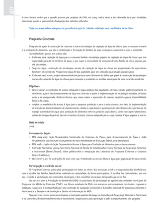 40
     A área técnica avalia que a grande procura por projetos de EAN, em 2009, indica tanto a alta demanda local por atividades
     educativas quanto o potencial de divulgação dos métodos utilizados.

            Veja em www.balancodegoverno.presidencia.gov.br, tabelas relativas aos resultados deste item.


            Programa Cisternas

            Programa de apoio à construção de cisternas e outras tecnologias de captação de água de chuva, para o consumo humano
     e a produção de alimentos, que alia a mobilização e formação de famílias da zona rural para a convivência com o semiárido.
            As modalidades postas em prática são:
            • Cisternas para captação de água para o consumo familiar: tecnologia popular de captação de água da chuva, que tem
               capacidade para até 16 mil litros de água, o que supre a necessidade de consumo de uma família de cinco pessoas por
               até oito meses.
            • Segunda água: construção de tecnologias sociais de captação de água da chuva em propriedades de agricultores
               familiares do semiárido. Proporciona água de boa qualidade para ser utilizada na produção agropecuária.
            • Cisternas nas Escolas: projeto desenvolvido em parceria com o Governo da Bahia, que prevê a construção de tecnologias
               sociais de captação de água da chuva para consumo e produção em escolas municipais da zona rural do semiárido.

            objetivos
            • Universalizar as condições de acesso adequado à água potável das populações de baixa renda, preferencialmente no
              semiárido, a partir do armazenamento de água em cisternas e apoiar a implementação de tecnologias testadas, de baixo
              custo e de comprovada eficiência técnica, que visam captar e aproveitar de maneira racional a pouca disponibilidade
              hídrica da região.
            • Ampliar as condições de acesso à água para a pequena produção e para o autoconsumo, por meio da implementação
              de estruturas descentralizadas de abastecimento, aliada à capacitação e promoção de intercâmbios de experiências de
              manejo sustentável da água para produção de alimentos entre os próprios agricultores, como: barragem subterrânea,
              caldeirão (tanque de pedra), barreiro trincheira (caxio), cisterna adaptada para a roça, bomba d`água popular e outras.

            Data de início
            2003

            instrumentos legais
            • PPA 2004-2007: Ação Orçamentária Construção de Cisternas de Placas para Armazenamento de Água e Ação
              Orçamentária Estruturação e Lançamento de Nova Modalidade de Execução (edital para municípios).
            • PPA 2008: criação da Ação Orçamentária Acesso à Água para Produção de Alimentos para o Autoconsumo.
            • Instrução Normativa 1/2009, Secretaria Nacional de Renda de Cidadania/Secretaria Nacional de Segurança Alimentar
              e Nutricional (Senarc/Sesan), sobre público-alvo e integração dos cadastros do Programa Cisternas e Cadastro
              Único (CadÚnico).
            • Decreto nº 7.217, de 21 de julho de 2010, com cap. VI dedicado ao acesso difuso à água para população de baixa renda.

            Participação e controle social
             O Programa Cisternas prima pela participação em todos os níveis. Sua execução prevê o protagonismo dos beneficiários,
     com a escolha das famílias beneficiárias realizada na comunidade, de forma participativa. A escolha das comunidades, por sua
     vez, respeita a participação das comissões municipais e dos conselhos municipais designados para este fim.
             Na parceria com a Articulação do Semiárido (ASA), os processos de participação se apoiam nas comissões municipais do
     Programa Um Milhão de Cisternas (P1MC), nos fóruns estaduais da ASA e em encontros microrregionais, territoriais, regionais e
     estaduais. A parceria é acompanhada por uma comissão de avaliação envolvendo o Conselho Nacional de Segurança Alimentar e
     Nutricional e a Secretaria de Avaliação e Gestão da Informação do MDS.
             Nas parcerias com os governos estaduais e municipais ganham destaque os Conselhos de Segurança Alimentar e Nutricional
     e os Conselhos de Desenvolvimento Rural Sustentável, responsáveis pela aprovação e pelo acompanhamento dos projetos.
 