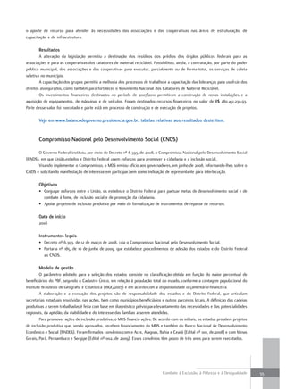 o aporte de recurso para atender às necessidades das associações e das cooperativas nas áreas de estruturação, de
capacitação e de infraestrutura.

       resultados
        A alteração da legislação permitiu a destinação dos resíduos dos prédios dos órgãos públicos federais para as
associações e para as cooperativas dos catadores de material reciclável. Possibilitou, ainda, a contratação, por parte do poder
público municipal, das associações e das cooperativas para executar, parcialmente ou de forma total, os serviços de coleta
seletiva no município.
        A capacitação dos grupos permitiu a melhoria dos processos de trabalho e a capacitação das lideranças para usufruir dos
direitos assegurados, como também para fortalecer o Movimento Nacional dos Catadores de Material Reciclável.
        Os investimentos financeiros destinados no período de 2007/2010 permitiram a construção de novas instalações e a
aquisição de equipamentos, de máquinas e de veículos. Foram destinados recursos financeiros no valor de R$ 280.451.230,93.
Parte desse valor foi executado e parte está em processo de construção e de execução de projetos.

       Veja em www.balancodegoverno.presidencia.gov.br, tabelas relativas aos resultados deste item.


       Compromisso nacional pelo Desenvolvimento social (CnDs)

      O Governo Federal instituiu, por meio do Decreto nº 6.393, de 2008, o Compromisso Nacional pelo Desenvolvimento Social
(CNDS), em que União,estados e Distrito Federal unem esforços para promover a cidadania e a inclusão social.
      Visando implementar o Compromisso, o MDS enviou ofício aos governadores, em junho de 2008, informando-lhes sobre o
CNDS e solicitando manifestação de interesse em participar,bem como indicação de representante para interlocução.

       objetivos
       • Conjugar esforços entre a União, os estados e o Distrito Federal para pactuar metas de desenvolvimento social e de
         combate à fome, de inclusão social e de promoção da cidadania.
       • Apoiar projetos de inclusão produtiva por meio da formalização de instrumentos de repasse de recursos.

       Data de início
       2008

       instrumentos legais
       • Decreto nº 6.393, de 12 de março de 2008, cria o Compromisso Nacional pelo Desenvolvimento Social.
       • Portaria nº 185, de 16 de junho de 2009, que estabelece procedimentos de adesão dos estados e do Distrito Federal
         ao CNDS.

       modelo de gestão
         O parâmetro adotado para a seleção dos estados consiste na classificação obtida em função do maior percentual de
beneficiários do PBF, segundo o Cadastro Único, em relação à população total do estado, conforme a contagem populacional do
Instituto Brasileiro de Geografia e Estatística (IBGE/2007) e em acordo com a disponibilidade orçamentário-financeira.
         A elaboração e a execução dos projetos são de responsabilidade dos estados e do Distrito Federal, que articulam
secretarias estaduais envolvidas nas ações, bem como municípios beneficiários e outros parceiros locais. A definição das cadeias
produtivas a serem trabalhadas é feita com base em diagnóstico prévio para levantamento das necessidades e das potencialidades
regionais, da aptidão, da viabilidade e do interesse das famílias a serem atendidas.
         Para promover ações de inclusão produtiva, o MDS financia ações. De acordo com os editais, os estados propõem projetos
de inclusão produtiva que, sendo aprovados, recebem financiamento do MDS e também do Banco Nacional de Desenvolvimento
Econômico e Social (BNDES). Foram firmados convênios com o Acre, Alagoas, Bahia e Ceará (Edital nº 001, de 2008) e com Minas
Gerais, Pará, Pernambuco e Sergipe (Edital nº 002, de 2009). Esses convênios têm prazo de três anos para serem executados.




                                                                               Combate à Exclusão, à Pobreza e à Desigualdade      55
 