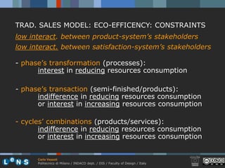 TRAD. SALES MODEL: ECO-EFFICENCY: CONSTRAINTS
low interact. between product-system’s stakeholders
low interact. between satisfaction-system’s stakeholders

- phase’s transformation (processes):
      interest in reducing resources consumption

- phase’s transaction (semi-finished/products):
      indifference in reducing resources consumption
      or interest in increasing resources consumption

- cycles’ combinations (products/services):
       indifference in reducing resources consumption
       or interest in increasing resources consumption


      Carlo Vezzoli
      Politecnico di Milano / INDACO dept. / DIS / Faculty of Design / Italy
 