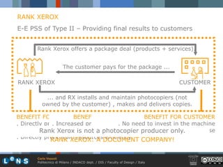 RANK XEROX
E-E PSS of Type II – Providing final results to customers


       Rank Xerox offers a package deal (products + services).


                       The customer pays for the package ...

RANK XEROX                                                                      CUSTOMER

          ... and RX installs and maintain photocopiers (not
         owned by the customer) , makes and delivers copies.

BENEFIT FOR RANK BENEFIT FOR ENVIRONMENT
                      XEROX                    BENEFIT FOR CUSTOMER
. Directly profit from components re-use needmaterial in the machine
              . Increased products’ lifespan andto invest
                                       . No and resources
         Rankefficiency > reduced environmental cost reduction in use
                Xerox is not a photocopier producer only.
  recycling from discarded products and overall impact
                              purchase
. Directly profit from resources efficiency
               RANK XEROX: A DOCUMENT COMPANY!

       Carlo Vezzoli
       Politecnico di Milano / INDACO dept. / DIS / Faculty of Design / Italy
 