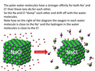 The polar water molecules have a stronger affinity for both Na+ and
Cl- than those ions do for each other.
So the Na and Cl “dump” each other and drift off with the water
molecules.
Note how on the right of the diagram the oxygen in each water
molecule is close to the Na+ and the hydrogen in the water
molecules is close to the Cl-




     NaCl               Dissolving              NaCl
 