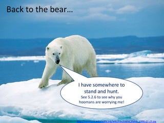Back to the bear…




                     I have somewhere to
                        stand and hunt.
                      See 5.2.6 to see why you
                     hoomans are worrying me!



                    http://commons.wikimedia.org/wiki/File:Eisb%C3%A4r_1996-07-23.jpg
 