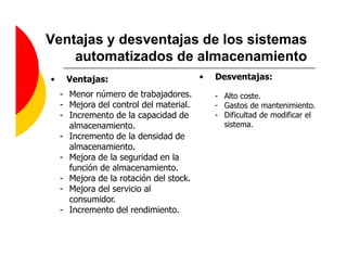 Ventajas y desventajas de los sistemas
    automatizados de almacenamiento
•    Ventajas:                           •   Desventajas:
    - Menor número de trabajadores.          - Alto coste.
    - Mejora del control del material.       - Gastos de mantenimiento.
    - Incremento de la capacidad de          - Dificultad de modificar el
      almacenamiento.                          sistema.
    - Incremento de la densidad de
      almacenamiento.
    - Mejora de la seguridad en la
      función de almacenamiento.
    - Mejora de la rotación del stock.
    - Mejora del servicio al
      consumidor.
    - Incremento del rendimiento.
 