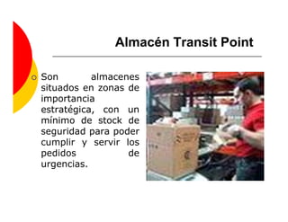Almacén Transit Point

Son        almacenes
situados en zonas de
importancia
estratégica, con un
mínimo de stock de
seguridad para poder
cumplir y servir los
pedidos           de
urgencias.
 