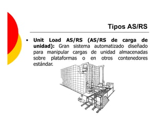 Tipos AS/RS
•   Unit Load AS/RS (AS/RS de carga de
    unidad): Gran sistema automatizado diseñado
    para manipular cargas de unidad almacenadas
    sobre plataformas o en otros contenedores
    estándar.
 