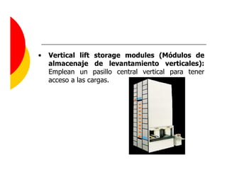 •   Vertical lift storage modules (Módulos de
    almacenaje de levantamiento verticales):
    Emplean un pasillo central vertical para tener
    acceso a las cargas.
 
