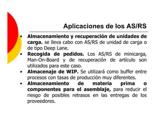 Aplicaciones de los AS/RS
•   Almacenamiento y recuperación de unidades de
    carga. se lleva cabo con AS/RS de unidad de carga o
    de tipo Deep Lane.
•   Recogida de pedidos. Los AS/RS de minicarga,
    Man-On-Board y de recuperación de artículo son
    utilizados para este caso.
•   Almacenaje de WIP. Se utilizará como buffer entre
    procesos con tasas de producción muy diferentes.
•   Almacenamiento          de  materia      prima    o
    componentes para el asemblaje, para reducir el
    riesgo de posibles retrasos en las entregas de los
    proveedores.
 