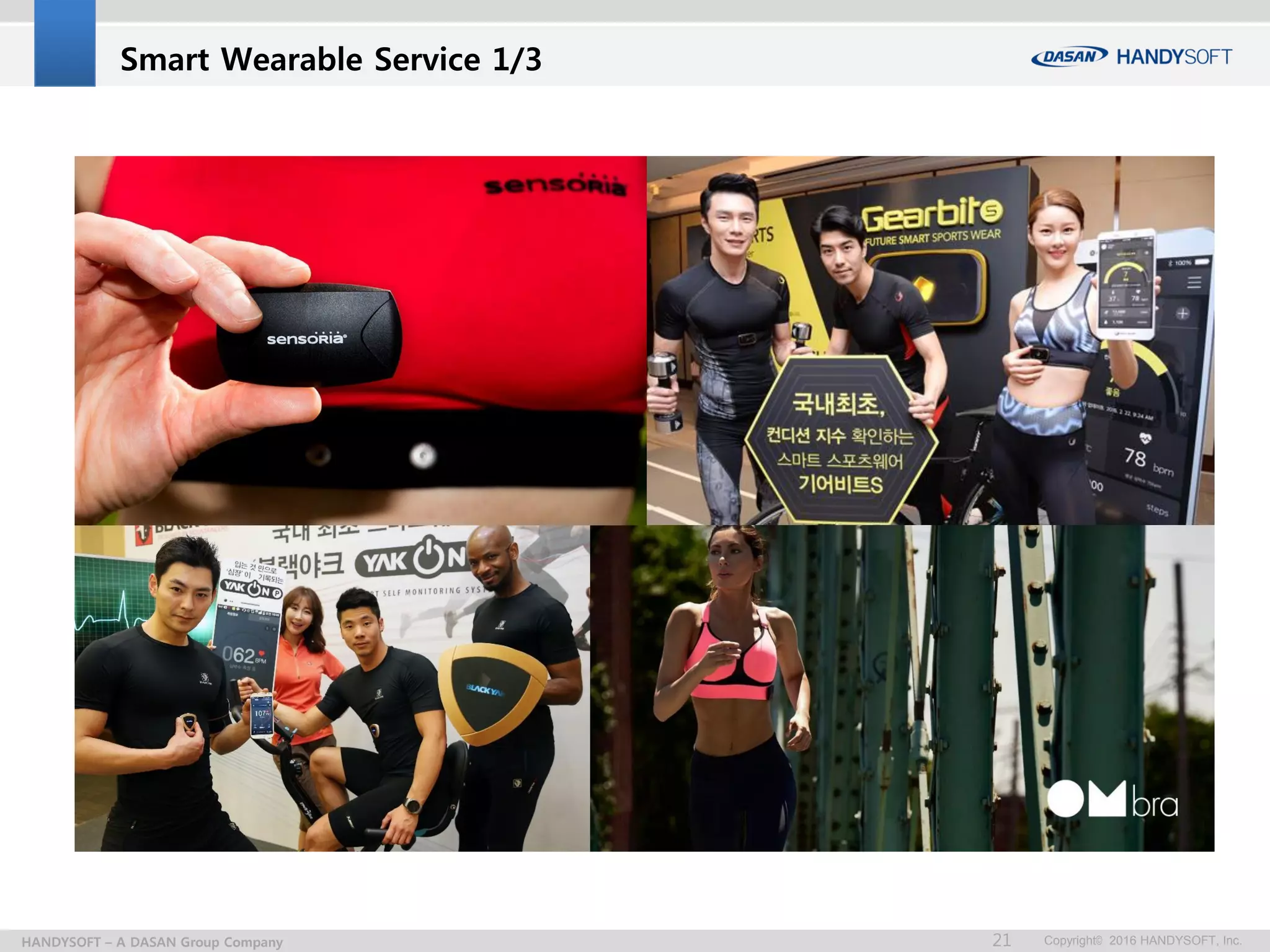 Copyright© 2016 HANDYSOFT, Inc.21HANDYSOFT – A DASAN Group Company
Smart Wearable Service 1/3
 