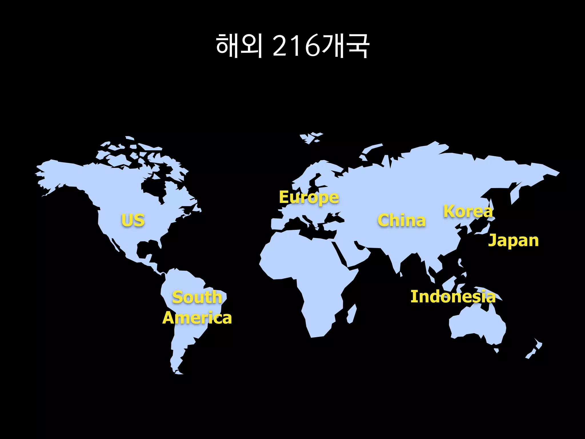 해외 216개국




               Europe
                                Korea
US                      China
                                    Japan


      South                Indonesia
     America
 
