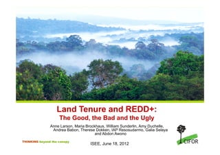 Land Tenure and REDD+:
                    The Good, the Bad and the Ugly
               Anne Larson, Maria Brockhaus, William Sunderlin, Amy Duchelle,
                Andrea Babon, Therese Dokken, IAP Resosudarmo, Galia Selaya
                                       and Abdon Awono
THINKING beyond the canopy
                                    ISEE, June 18, 2012
 