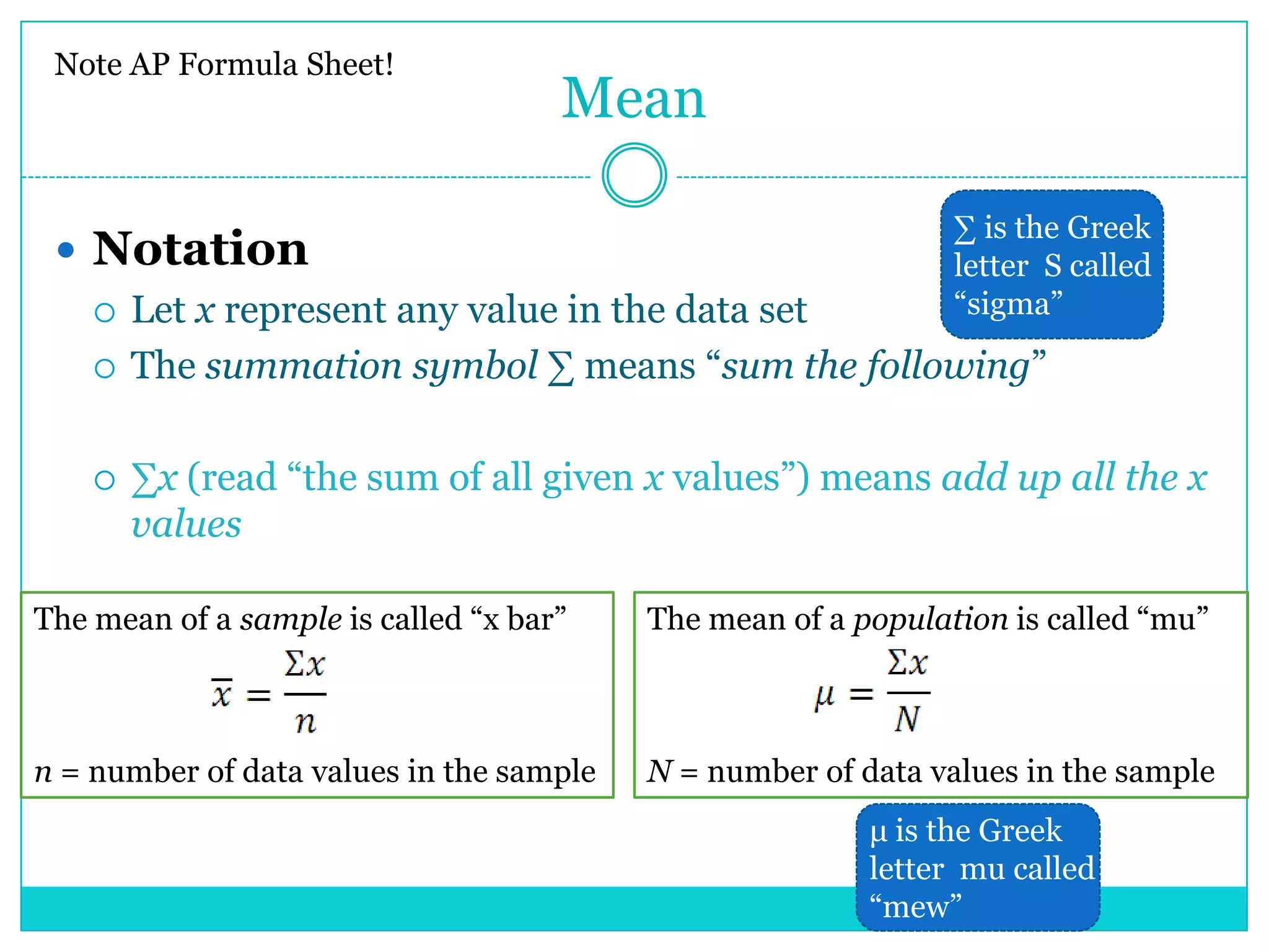 Note AP Formula Sheet!
                                     Mean

                                                               ∑ is the Greek
  Notation                                                    letter S called
    Let x represent any value in the data set                 ―sigma‖

    The summation symbol ∑ means ―sum the following‖



       ∑x (read ―the sum of all given x values‖) means add up all the x
        values

The mean of a sample is called ―x bar‖    The mean of a population is called ―mu‖



n = number of data values in the sample   N = number of data values in the sample
                                                         μ is the Greek
                                                         letter mu called
                                                         ―mew‖
 