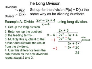 The Long Division
Example A. Divide using long division.
x – 4
2x2 – 3x + 4
1. Set up the long division
2x2 – 3x + 4x – 4
2x + 5
2x2 – 8x3. Multiply this quotient to the
divisor and subtract the result
from the dividend.
4. Use this difference from the
subtraction as the new dividend,
repeat steps 2 and 3.
– )
– +
5x + 4
5x – 20– )
– +
24
Set up for the division P(x) ÷ D(x) the
same way as for dividing numbers.D(x)
P(x)
Dividend
Divisor
new
dividend
2. Enter on top the quotient
of the leading terms .
 