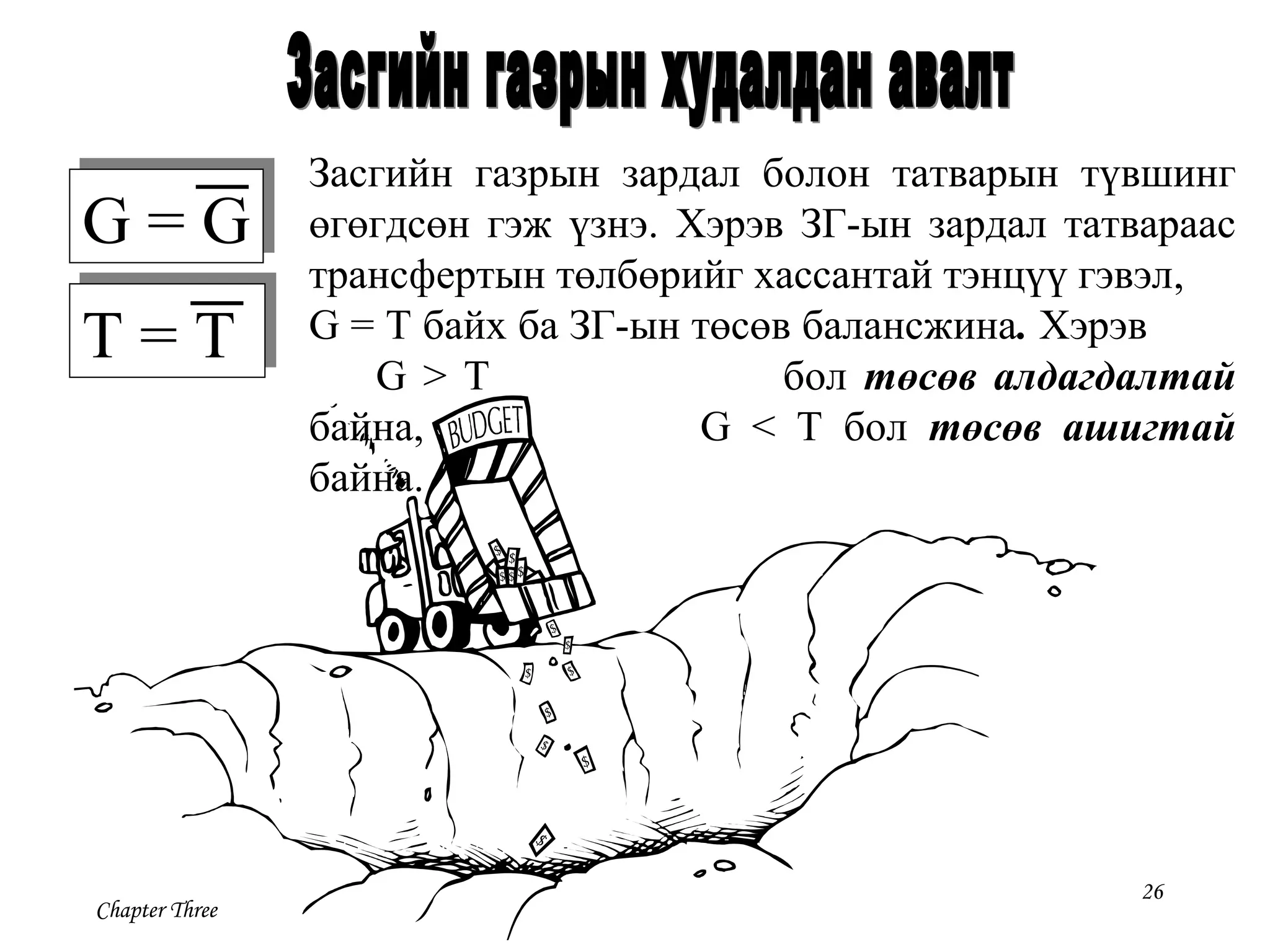 26
Chapter Three
Засгийн газрын зардал болон татварын түвшинг
өгөгдсөн гэж үзнэ. Хэрэв ЗГ-ын зардал татвараас
трансфертын төлбөрийг хассантай тэнцүү гэвэл,
G = T байх ба ЗГ-ын төсөв балансжина. Хэрэв
G > T бол төсөв алдагдалтай
байна, G < T бол төсөв ашигтай
байна.
G = GG = G
T = TT = T
 