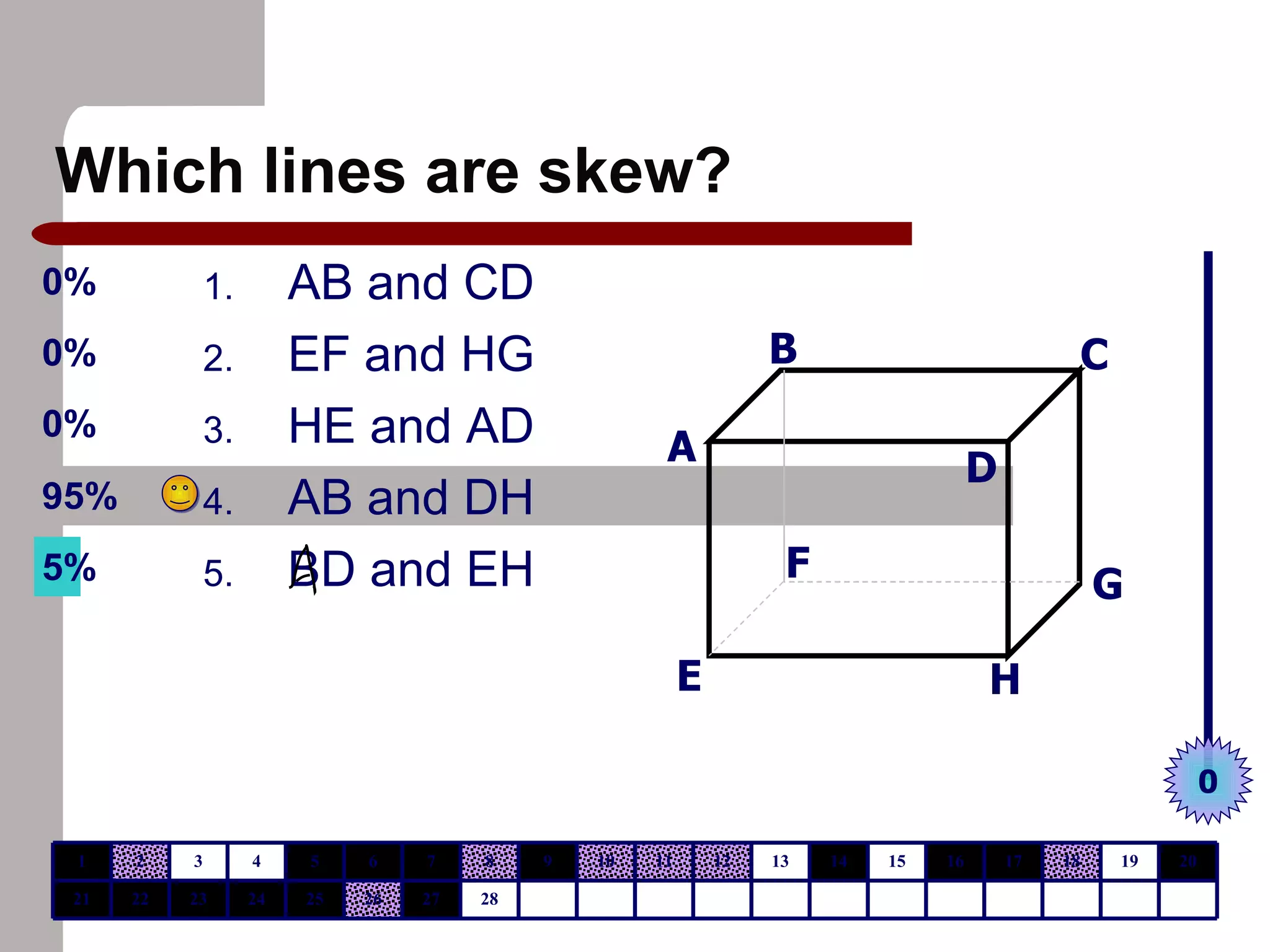 Which lines are skew? AB and CD EF and HG HE and AD AB and DH BD and EH A B C D E F G H 0 28 27 26 25 24 23 22 21 20 19 18 17 16 15 14 13 12 11 10 9 8 7 6 5 4 3 2 1