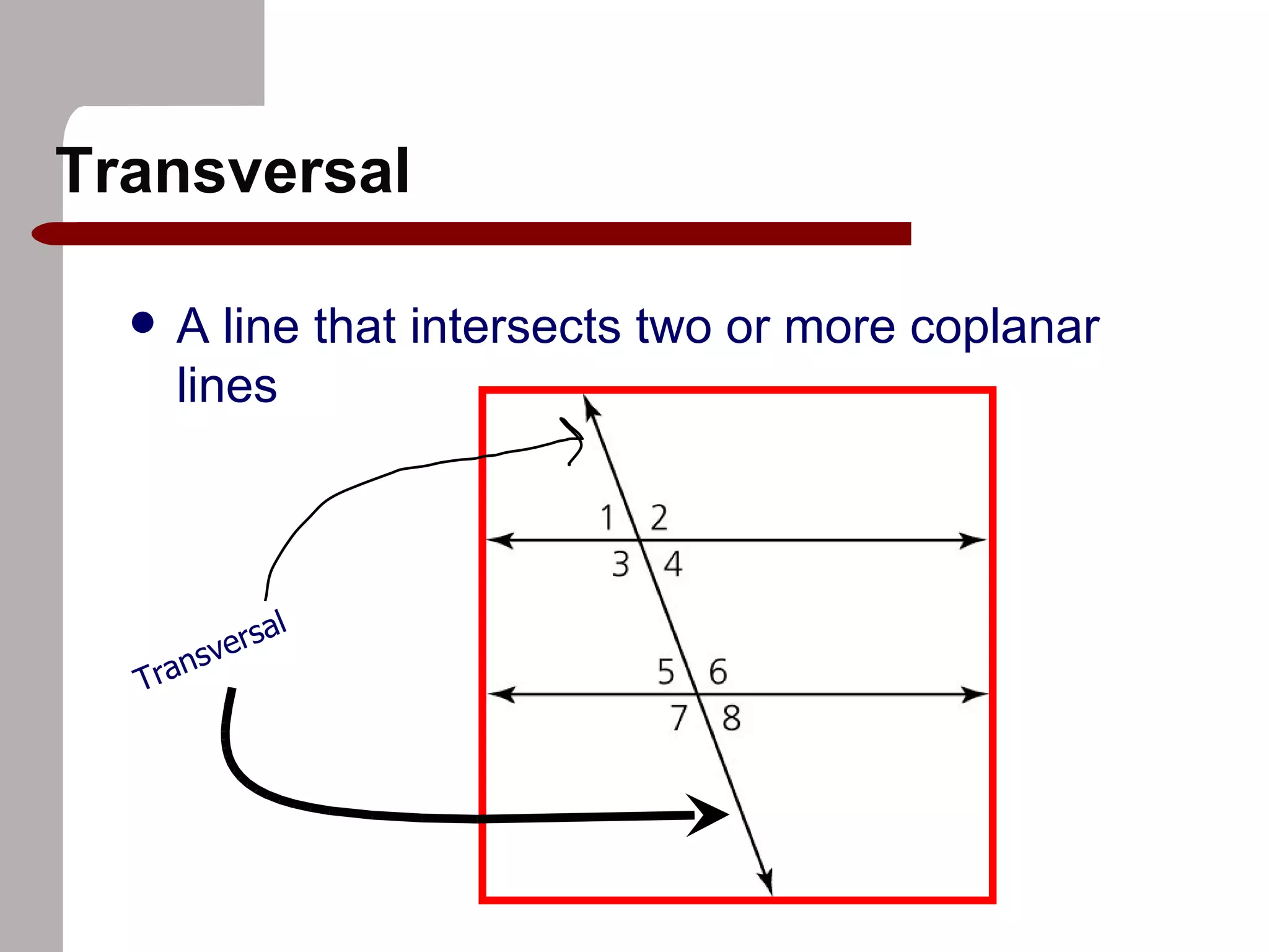 Transversal A line that intersects two or more coplanar lines Transversal