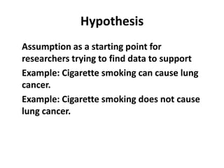 Hypothesis	Assumption as a starting point for researchers trying to find data to support	Example: Cigarette smoking can cause lung cancer.	Example: Cigarette smoking does not cause lung cancer.