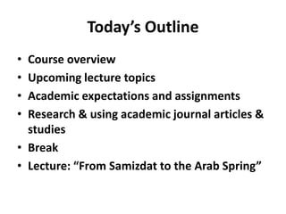 Today’s OutlineCourse overviewUpcoming lecture topicsAcademic expectations and assignmentsResearch & using academic journal articles & studiesBreakLecture: “From Samizdat to the Arab Spring” 