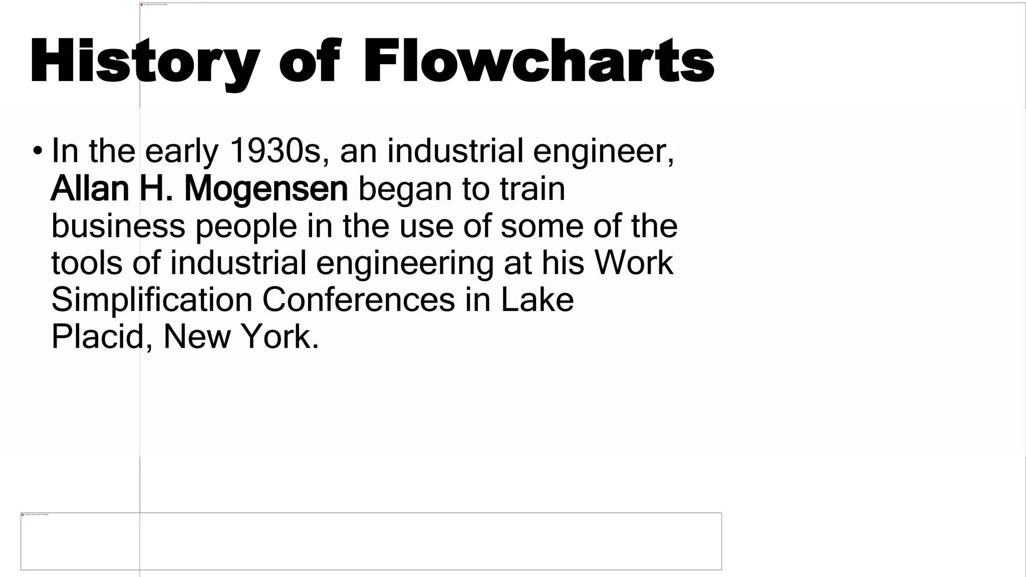 History of Flowcharts
• In the early 1930s, an industrial engineer,
Allan H. Mogensen began to train
business people in the use of some of the
tools of industrial engineering at his Work
Simplification Conferences in Lake
Placid, New York.
 