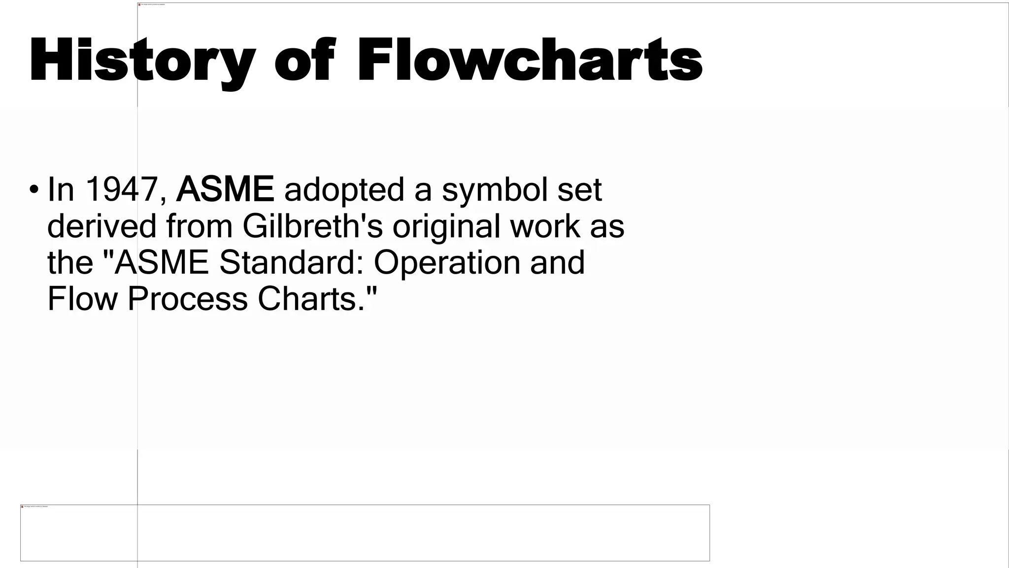 History of Flowcharts
• In 1947, ASME adopted a symbol set
derived from Gilbreth's original work as
the "ASME Standard: Operation and
Flow Process Charts."
 
