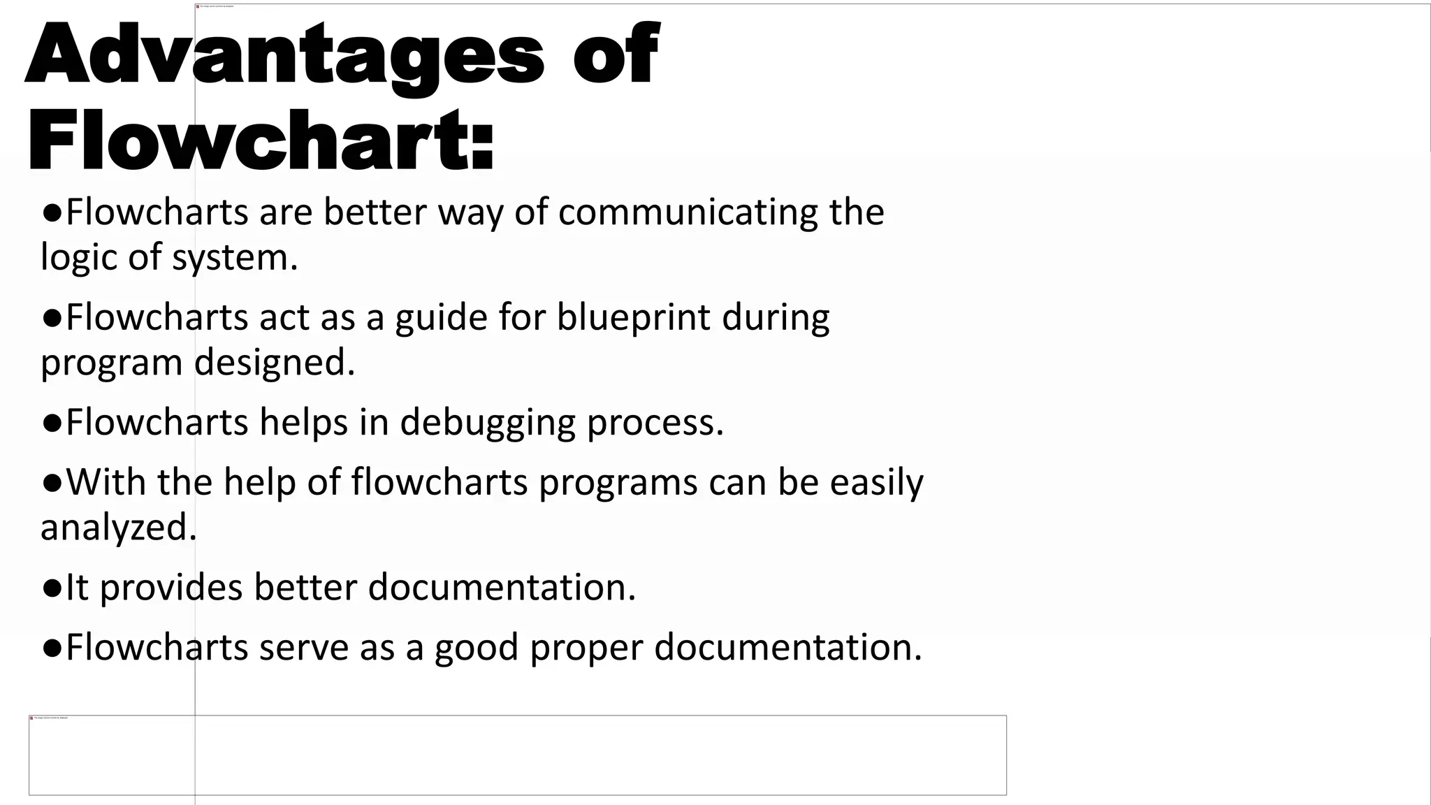 Advantages of
Flowchart:
●Flowcharts are better way of communicating the
logic of system.
●Flowcharts act as a guide for blueprint during
program designed.
●Flowcharts helps in debugging process.
●With the help of flowcharts programs can be easily
analyzed.
●It provides better documentation.
●Flowcharts serve as a good proper documentation.
 