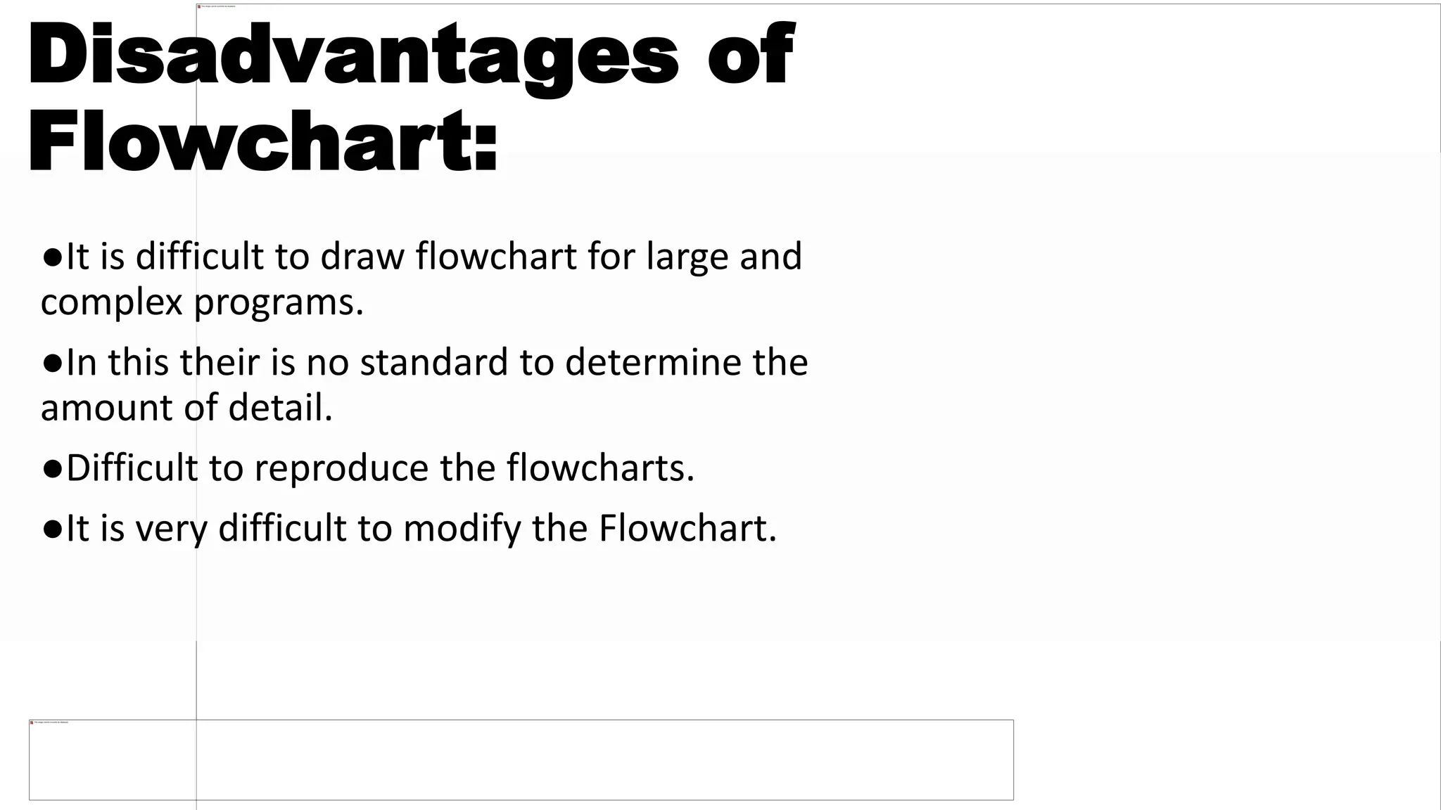 Disadvantages of
Flowchart:
●It is difficult to draw flowchart for large and
complex programs.
●In this their is no standard to determine the
amount of detail.
●Difficult to reproduce the flowcharts.
●It is very difficult to modify the Flowchart.
 