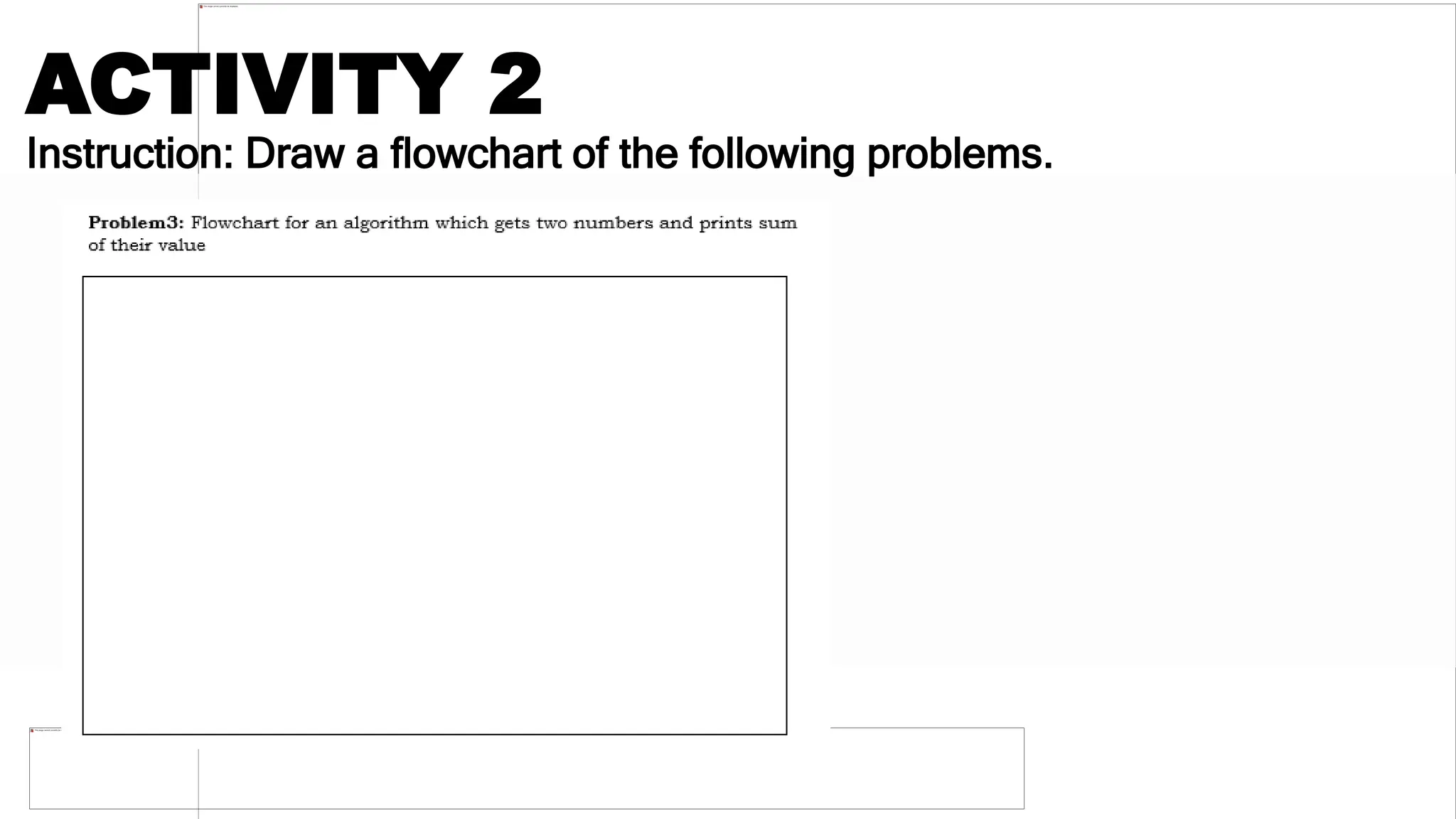 ACTIVITY 2
Instruction: Draw a flowchart of the following problems.
 