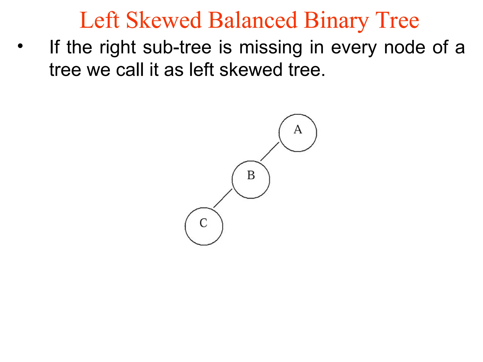Left Skewed Balanced Binary Tree • If the right sub-tree is missing in every node of a tree we call it as left skewed tree. 