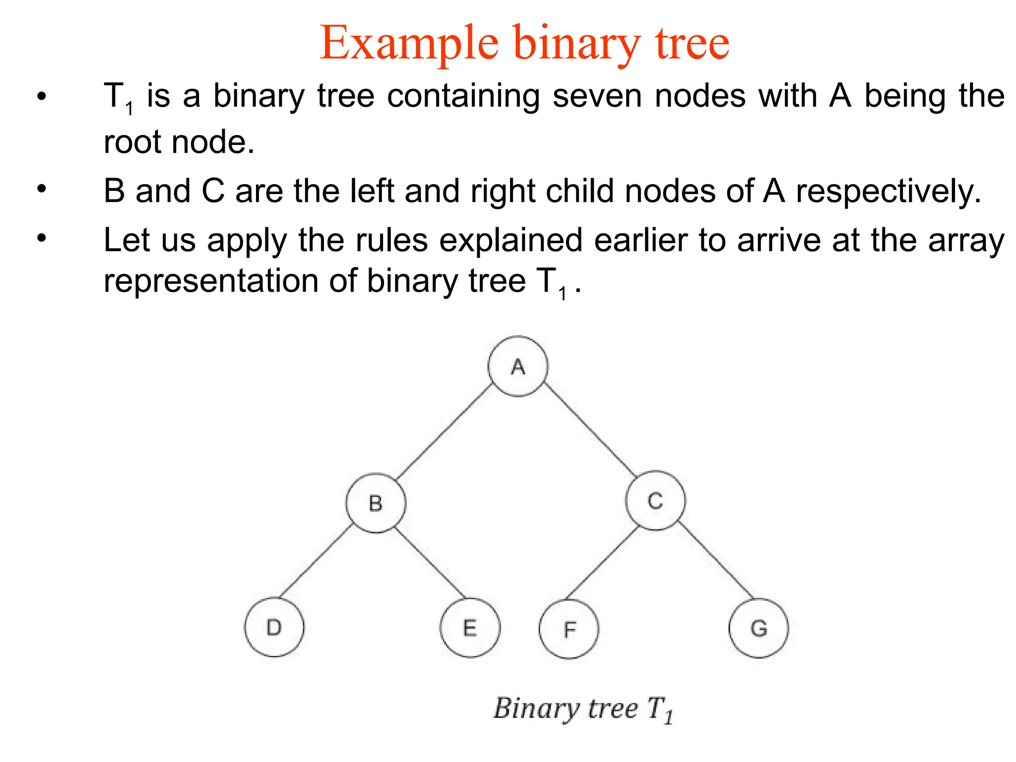 Example binary tree • T1 is a binary tree containing seven nodes with A being the root node. • B and C are the left and right child nodes of A respectively. • Let us apply the rules explained earlier to arrive at the array representation of binary tree T1 . 