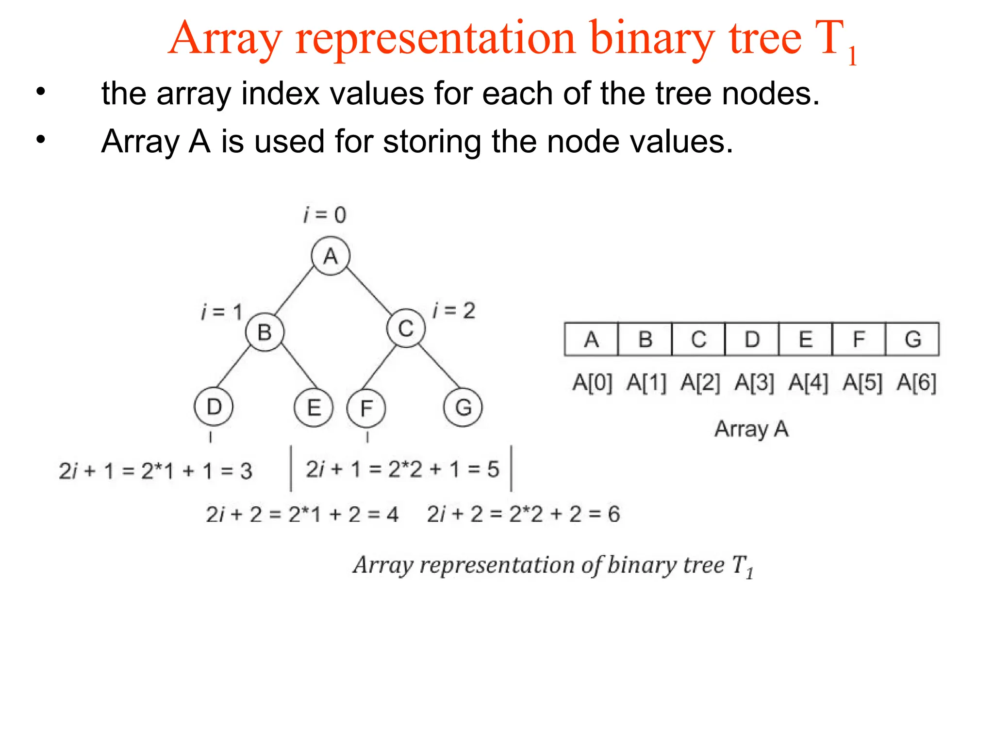 Array representation binary tree T1 • the array index values for each of the tree nodes. • Array A is used for storing the node values. 