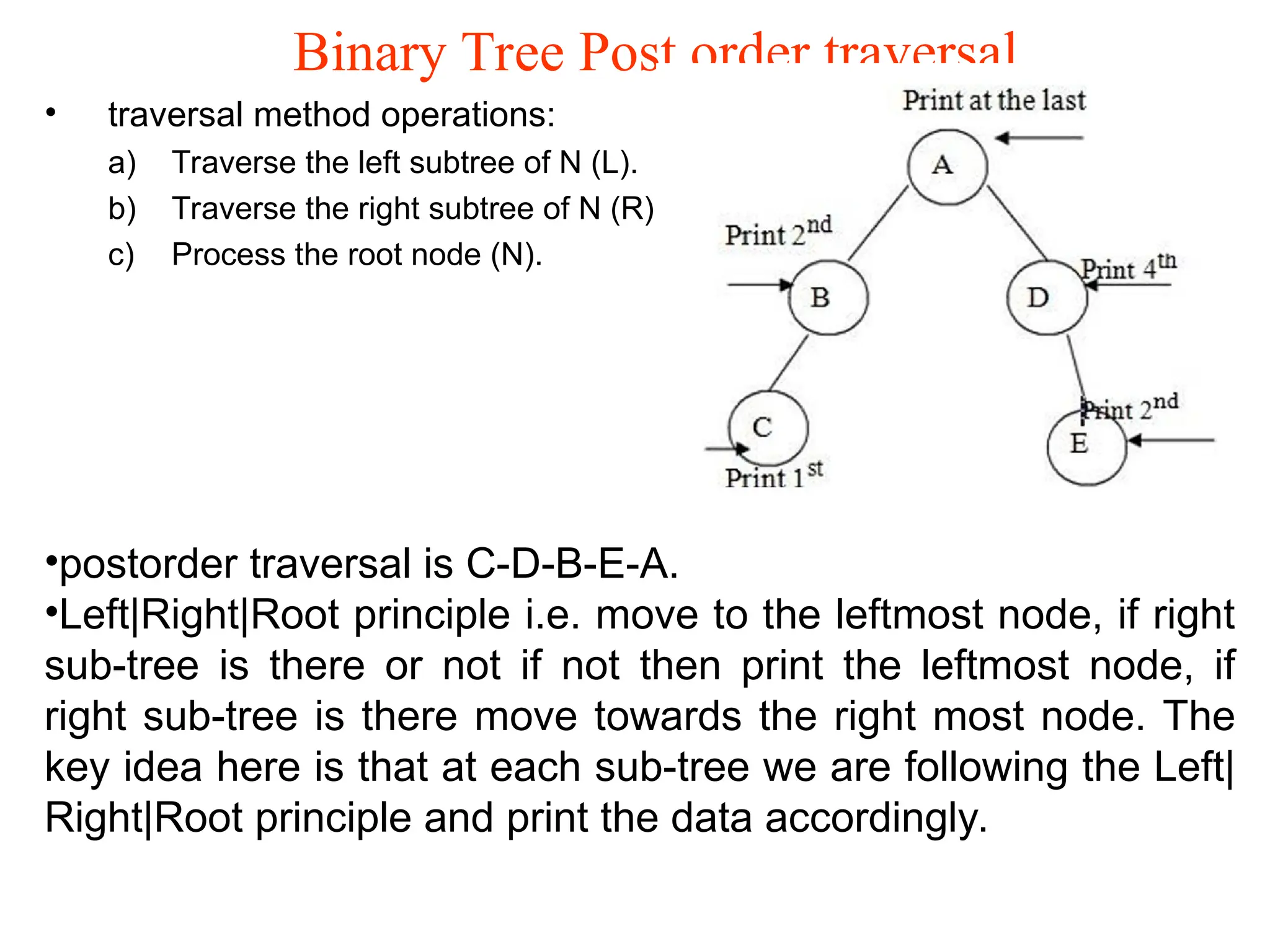 Binary Tree Post order traversal • traversal method operations: a) Traverse the left subtree of N (L). b) Traverse the right subtree of N (R). c) Process the root node (N). •postorder traversal is C-D-B-E-A. •Left|Right|Root principle i.e. move to the leftmost node, if right sub-tree is there or not if not then print the leftmost node, if right sub-tree is there move towards the right most node. The key idea here is that at each sub-tree we are following the Left| Right|Root principle and print the data accordingly. 