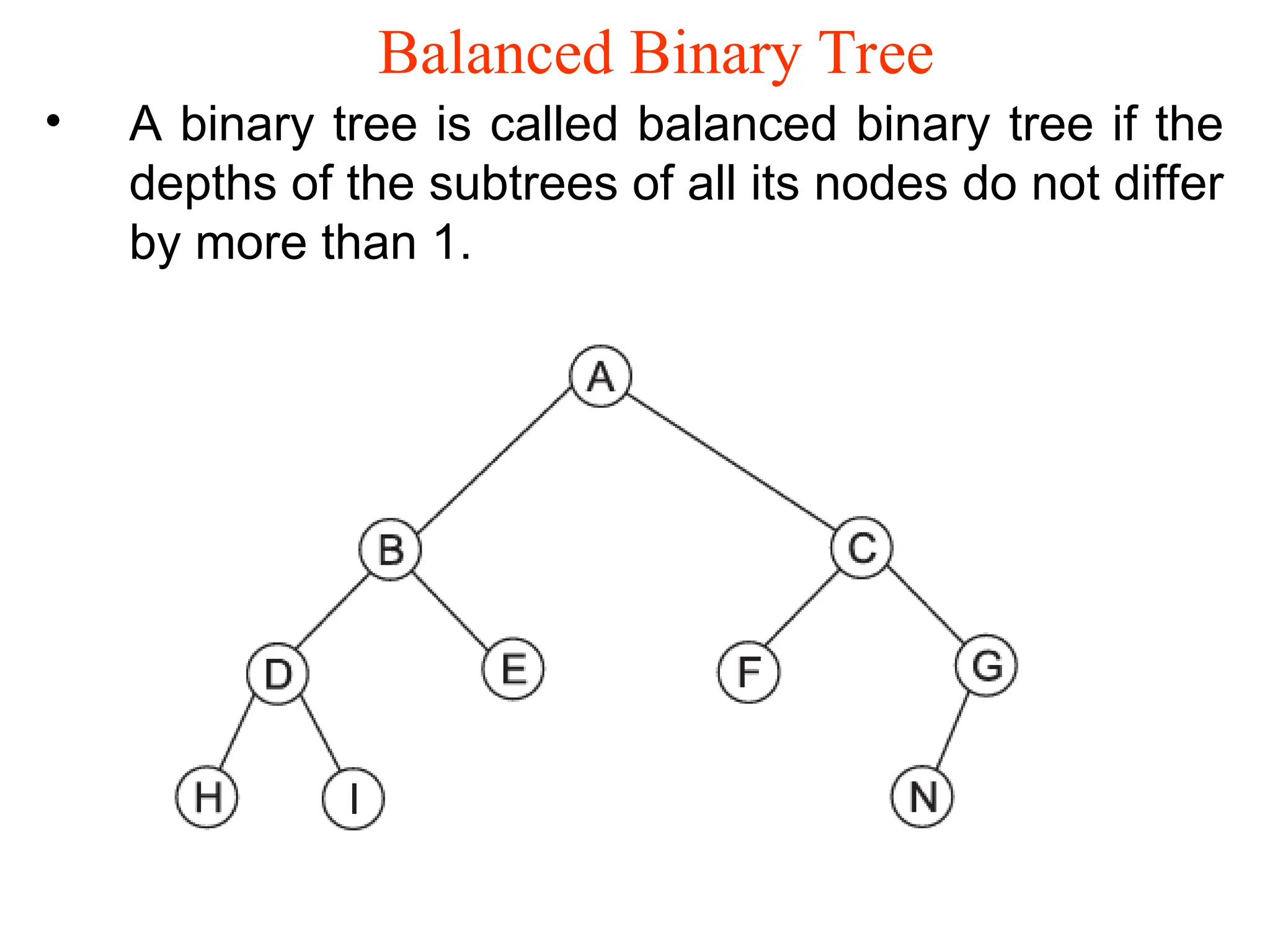 Balanced Binary Tree • A binary tree is called balanced binary tree if the depths of the subtrees of all its nodes do not differ by more than 1. 