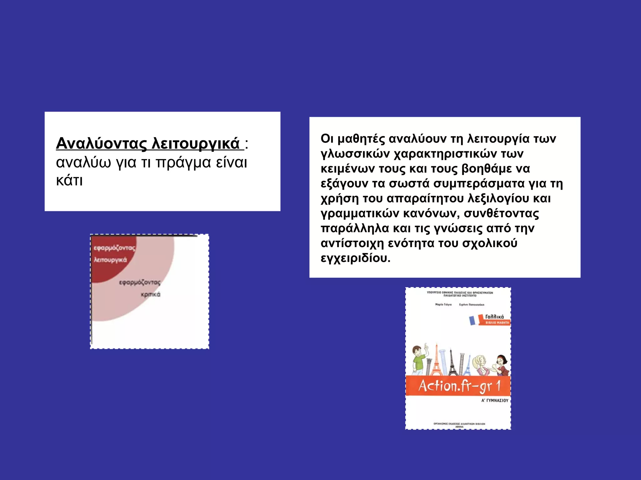 Αναλύοντας λειτουργικά  :  αναλύω για τι πράγμα είναι κάτι  Οι μαθητές αναλύουν τη λειτουργία των γλωσσικών χαρακτηριστικών των κειμένων τους και τους βοηθάμε να εξάγουν τα σωστά συμπεράσματα για τη χρήση του απαραίτητου λεξιλογίου και γραμματικών κανόνων, συνθέτοντας παράλληλα και τις γνώσεις από την αντίστοιχη ενότητα του σχολικού εγχειριδίου. 