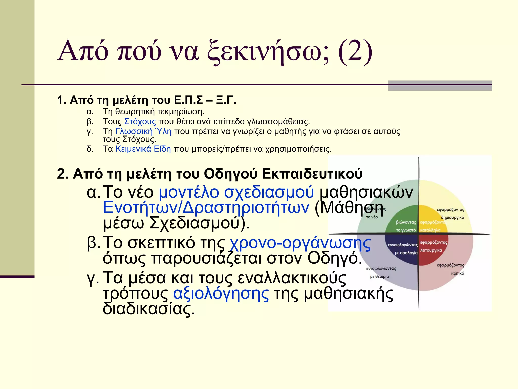 Από πού να ξεκινήσω; (2) 1. Από τη μελέτη του Ε.Π.Σ – Ξ.Γ. α. Τη θεωρητική τεκμηρίωση. β. Τους  Στόχους  που θέτει ανά επίπεδο γλωσσομάθειας. γ. Τη  Γλωσσική Ύλη  που πρέπει να γνωρίζει ο μαθητής για να φτάσει σε αυτούς τους Στόχους. δ.  Τα  Κειμενικά Είδη  που μπορείς/πρέπει να χρησιμοποιήσεις. 2. Από τη μελέτη του Οδηγού Εκπαιδευτικού α. Το νέο  μοντέλο σχεδιασμού  μαθησιακών  Ενοτήτων/Δραστηριοτήτων  (Μάθηση μέσω Σχεδιασμού). β. To  σκεπτικό της  χρονο-οργάνωσης  όπως παρουσιάζεται στον Οδηγό. γ. Τα μέσα και τους εναλλακτικούς τρόπους  αξιολόγησης  της μαθησιακής διαδικασίας. 