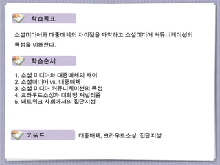 소셜미디어와 대중매체의 차이점을 파악하고 소셜미디어 커뮤니케이션의
특성을 이해한다.
1. 소셜 미디어와 대중매체의 차이
2. 소셜미디어 vs. 대중매체
3. 소셜 미디어 커뮤니케이션의 특성
4. 크라우드소싱과 대화형 저널리즘
5. 네트워크 사회에서의 집단지성
대중매체, 크라우드소싱, 집단지성키워드
학습순서
학습목표
 