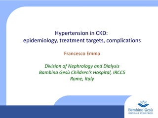 Hypertension in CKD:
epidemiology, treatment targets, complications
Francesco Emma
Division of Nephrology and Dialysis
Bambino Gesù Children’s Hospital, IRCCS
Rome, Italy

 