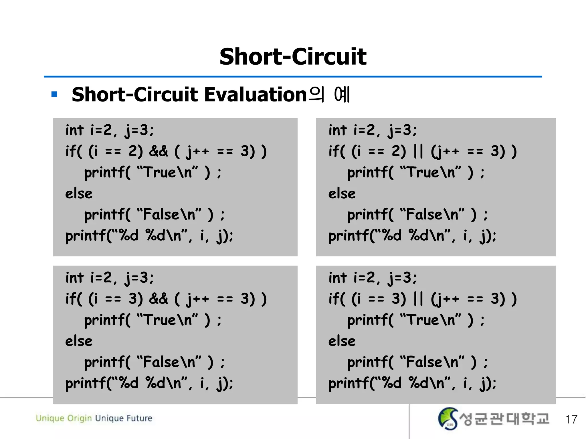 17
Short-Circuit
 Short-Circuit Evaluation의 예
int i=2, j=3;
if( (i == 2) && ( j++ == 3) )
printf( “Truen” ) ;
else
printf( “Falsen” ) ;
printf(“%d %dn”, i, j);
int i=2, j=3;
if( (i == 2) || (j++ == 3) )
printf( “Truen” ) ;
else
printf( “Falsen” ) ;
printf(“%d %dn”, i, j);
int i=2, j=3;
if( (i == 3) && ( j++ == 3) )
printf( “Truen” ) ;
else
printf( “Falsen” ) ;
printf(“%d %dn”, i, j);
int i=2, j=3;
if( (i == 3) || (j++ == 3) )
printf( “Truen” ) ;
else
printf( “Falsen” ) ;
printf(“%d %dn”, i, j);
 