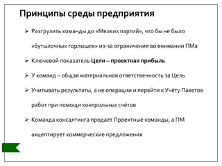  Разгрузить команды до «Мелких партий», что бы не было
«бутылочных горлышек» из-за ограничения во внимании ПМа
 Ключевой показатель Цели – проектная прибыль
 У команд – общая материальная ответственность за Цель
 Учитывать результаты, а не операции и перейти к Учёту Пакетов
работ при помощи контрольных счётов
 Команда консалтинга продаёт Проектные команды, а ПМ
акцептирует коммерческие предложения
Принципы среды предприятия
 
