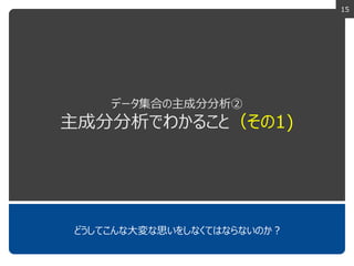15
データ集合の主成分分析②
主成分分析でわかること（その1)
どうしてこんな大変な思いをしなくてはならないのか？
 