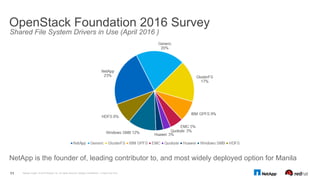 NetApp is the founder of, leading contributor to, and most widely deployed option for Manila
OpenStack Foundation 2016 Survey
11 NetApp Insight © 2016 NetApp, Inc. All rights reserved. NetApp Confidential – Limited Use Only
Shared File System Drivers in Use (April 2016 )
 