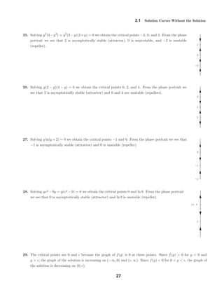 -2
0
2
0
2
4
-1
0
-2
0
ln 9
2.1 Solution Curves Without the Solution
25. Solving y2
(4−y2
) = y2
(2−y)(2+y) = 0 we obtain the critical points −2, 0, and 2. From the phase
portrait we see that 2 is asymptotically stable (attractor), 0 is semi-stable, and −2 is unstable
(repeller).
26. Solving y(2 − y)(4 − y) = 0 we obtain the critical points 0, 2, and 4. From the phase portrait we
see that 2 is asymptotically stable (attractor) and 0 and 4 are unstable (repellers).
27. Solving y ln(y + 2) = 0 we obtain the critical points −1 and 0. From the phase portrait we see that
−1 is asymptotically stable (attractor) and 0 is unstable (repeller).
28. Solving yey
−9y = y(ey
−9) = 0 we obtain the critical points 0 and ln 9. From the phase portrait
we see that 0 is asymptotically stable (attractor) and ln 9 is unstable (repeller).
29. The critical points are 0 and c because the graph of f(y) is 0 at these points. Since f(y) > 0 for y < 0 and
y > c, the graph of the solution is increasing on (−∞, 0) and (c, ∞). Since f(y) < 0 for 0 < y < c, the graph of
the solution is decreasing on (0, c).
27
 