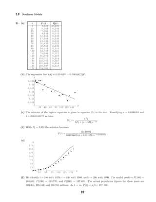 t P(t) Q(t)
0 3.929 0.035
10 5.308 0.036
20 7.240 0.033
30 9.638 0.033
40 12.866 0.033
50 17.069 0.036
60 23.192 0.036
70 31.433 0.023
80 38.558 0.030
90 50.156 0.026
100 62.948 0.021
110 75.996 0.021
120 91.972 0.015
130 105.711 0.016
140 122.775 0.007
150 131.669 0.014
160 150.697 0.019
170 179.300
20 40 60 80 100 120 140
P
0.005
0.01
0.015
0.02
0.025
0.03
0.035
Q
25 50 75 100 125 150
t
25
50
75
100
125
150
175
P
2.8 Nonlinear Models
21. (a)
(b) The regression line is Q = 0.0348391 − 0.000168222P.
(c) The solution of the logistic equation is given in equation (5) in the text. Identifying a = 0.0348391 and
b = 0.000168222 we have
P(t) =
aP0
bP0 + (a − bP0)e−at
.
(d) With P0 = 3.929 the solution becomes
P(t) =
0.136883
0.000660944 + 0.0341781e−0.0348391t
.
(e)
(f) We identify t = 180 with 1970, t = 190 with 1980, and t = 200 with 1990. The model predicts P(180) =
188.661, P(190) = 193.735, and P(200) = 197.485. The actual population ﬁgures for these years are
203.303, 226.542, and 248.765 millions. As t → ∞, P(t) → a/b = 207.102.
82
 
