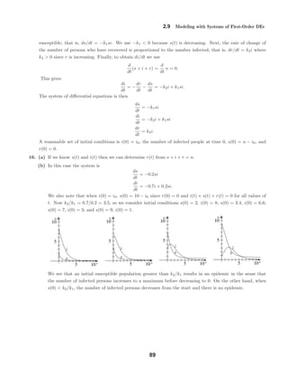 s
i
t
s,i
5 10
5
10
s
i
t
s,i
5 10
5
10
s
i
t
s,i
5 10
5
10
s
i
t
s,i
5 10
5
10
2.9 Modeling with Systems of First-Order DEs
susceptible; that is, ds/dt = −k1si. We use −k1 < 0 because s(t) is decreasing. Next, the rate of change of
the number of persons who have recovered is proportional to the number infected; that is, dr/dt = k2i where
k2 > 0 since r is increasing. Finally, to obtain di/dt we use
d
dt
(s + i + r) =
d
dt
n = 0.
This gives
di
dt
= −
dr
dt
−
ds
dt
= −k2i + k1si.
The system of diﬀerential equations is then
ds
dt
= −k1si
di
dt
= −k2i + k1si
dr
dt
= k2i.
A reasonable set of initial conditions is i(0) = i0, the number of infected people at time 0, s(0) = n − i0, and
r(0) = 0.
16. (a) If we know s(t) and i(t) then we can determine r(t) from s + i + r = n.
(b) In this case the system is
ds
dt
= −0.2si
di
dt
= −0.7i + 0.2si.
We also note that when i(0) = i0, s(0) = 10 − i0 since r(0) = 0 and i(t) + s(t) + r(t) = 0 for all values of
t. Now k2/k1 = 0.7/0.2 = 3.5, so we consider initial conditions s(0) = 2, i(0) = 8; s(0) = 3.4, i(0) = 6.6;
s(0) = 7, i(0) = 3; and s(0) = 9, i(0) = 1.
We see that an initial susceptible population greater than k2/k1 results in an epidemic in the sense that
the number of infected persons increases to a maximum before decreasing to 0. On the other hand, when
s(0) < k2/k1, the number of infected persons decreases from the start and there is no epidemic.
89
 