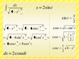 dx
                                 x 2 sin t
               2 3
    4 x
                                                                    x
                                                        sin t
                                                                    2
       2 3                             2 3
 4 x                 4       2 sin t             cost    1 sin 2 t
                                                                    2
                 2   3                 2     3                  x
  4 4 sin t                    4 cos t           cost    1
                                                                2
           3             3
 2 cos t         8 cos t
                                                        1     2
                                                 cost     4 x
                                                        2
dx 2 costdt
 